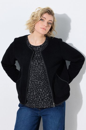 Ulla Popken 853685 Korte teddyjas met leerlook-bies Zwart - Jassen - Grote maten jassen voor dames