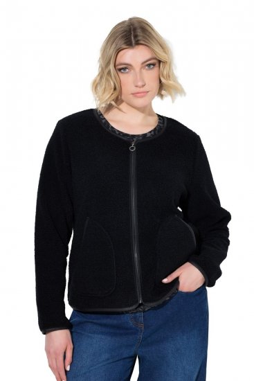 Ulla Popken 853685 Korte teddyjas met leerlook-bies Zwart - Jassen - Grote maten jassen voor dames