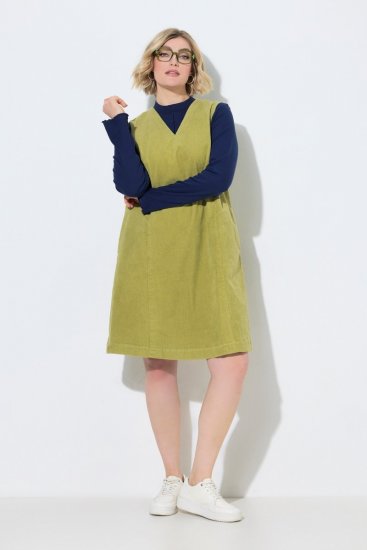 Ulla Popken 853697 Mouwloze corduroy jurk met zakken Lichtgroen - Zomerjurken - Grote maten zomerjurken voor dames