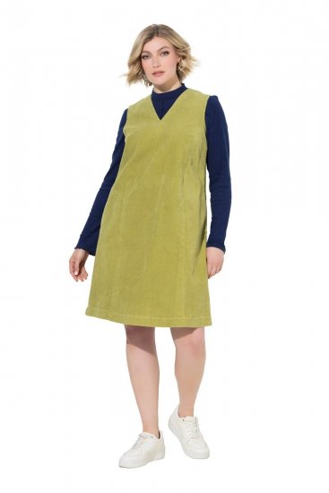 Ulla Popken 853697 Mouwloze corduroy jurk met zakken Lichtgroen - Zomerjurken - Grote maten zomerjurken voor dames