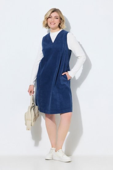 Ulla Popken 853697 Mouwloze corduroy jurk met V-hals Donkerblauw - Zomerjurken - Grote maten zomerjurken voor dames