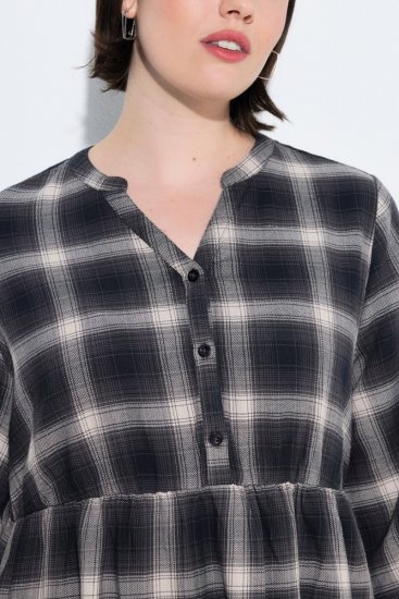 Ulla Popken 853728 Geruite jurk met ruches Zwart - Kleedjes - Jurken in elke maat