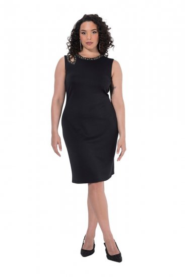 Ulla Popken 853766 Mouwloze bodycon jurk met strass Zwart - Zomerjurken - Grote maten zomerjurken voor dames