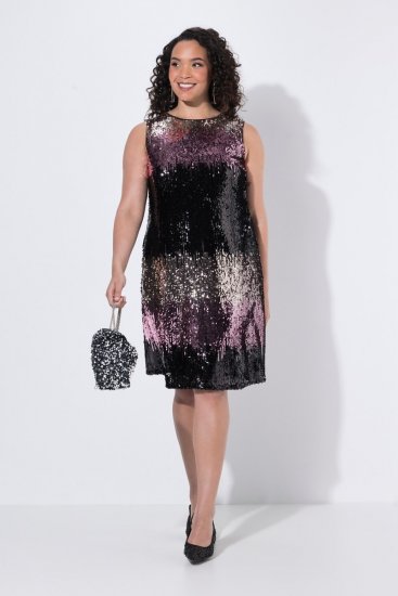 Ulla Popken 853768 Gestreepte paillettenjurk Zwart - Avondjurken - Grote maten avondkleding