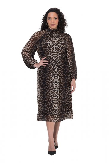 Ulla Popken 853788 Chiffon jurk met dierenprint Lichtbruin - Maxi jurken - Grote maten maxi jurken