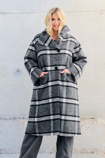 Ulla Popken 855250 Asymmetrische wollen jas met brede kraag Grijs gemêleerd - Jassen - Grote maten dames jassen