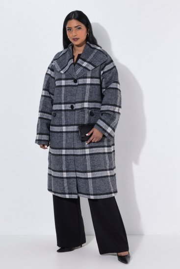 Ulla Popken 855250 Asymmetrische wollen jas met brede kraag Grijs gemêleerd - Jassen - Grote maten dames jassen