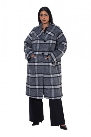 Ulla Popken 855250 Asymmetrische wollen jas met brede kraag Grijs gemêleerd - Jassen - Grote maten dames jassen