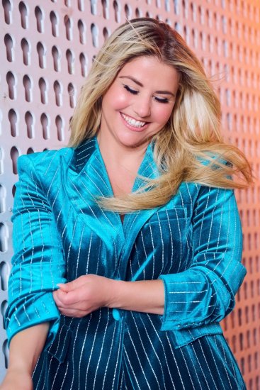 Ulla Popken 855499 Fluwelen blazer met strass Turquoise - Blazers - Damesblazers in grote maten