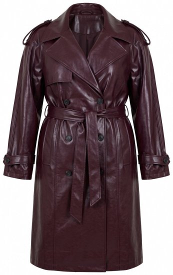 Ulla Popken 855617 Trenchcoat met leerlook en strikceintuur Wijnrood - Jassen - Grote maten dames jassen