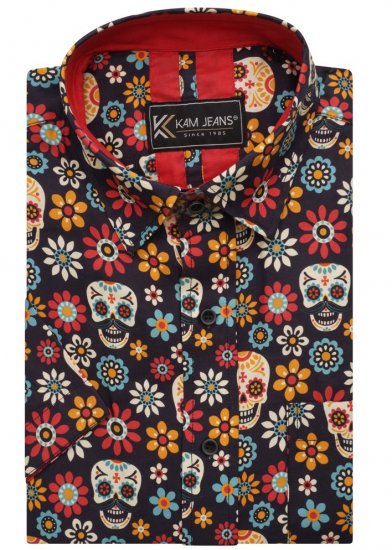 Kam Jeans 6040 Floral Skull Print Shirt Black - Hemden - Overhemden Grote Maten Heren