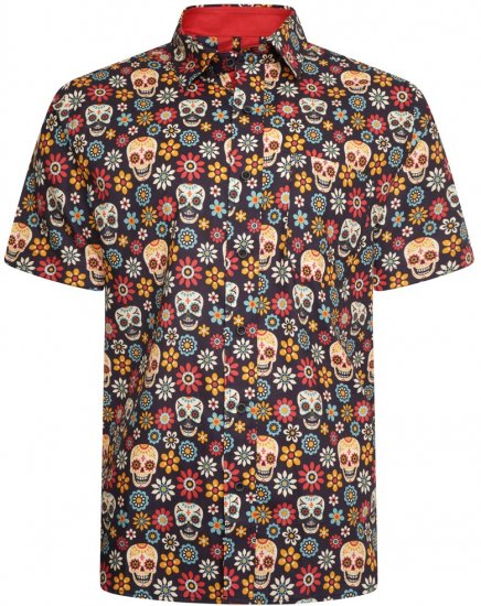 Kam Jeans 6040 Floral Skull Print Shirt Black - Hemden - Overhemden Grote Maten Heren