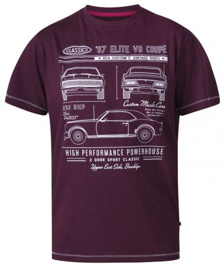 D555 Brady Classic Cars Crew Neck T-Shirt Burgundy - T-shirts - Grote Maten T-shirts Heren