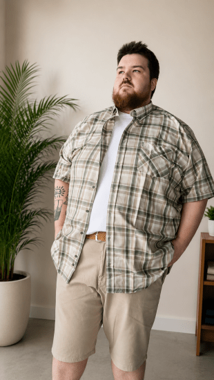 Kam Jeans 6339 Checked Short Sleeve Shirt Beige - Hemden - Overhemden Grote Maten Heren
