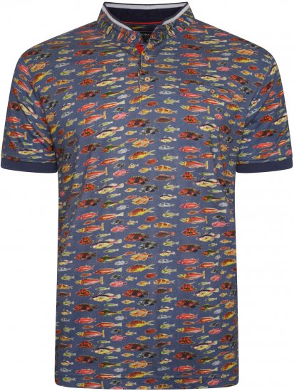 Kam Jeans 5743 Fish Print Jersey Grandad Top Indigo - Polo shirts - Grote Maten Poloshirts Heren
