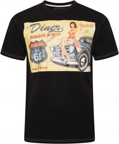 Kam Jeans 5751 Distressed Diners Print T-Shirt Black - T-shirts - Grote Maten T-shirts Heren
