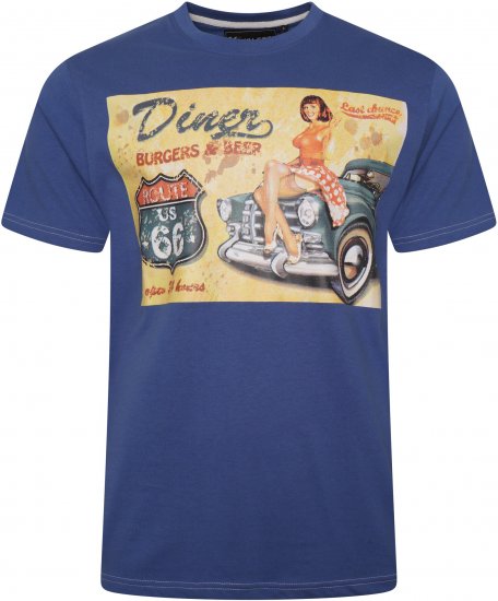 Kam Jeans 5751 Distressed Diners Print T-Shirt Blue - T-shirts - Grote Maten T-shirts Heren