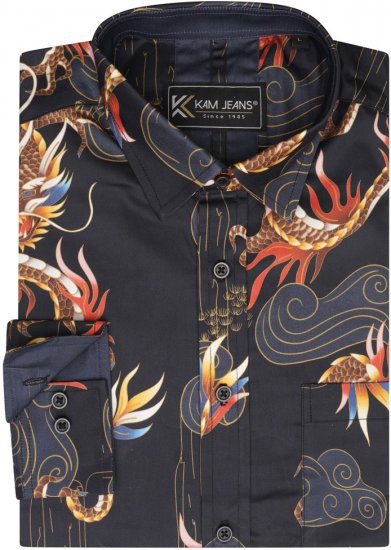 Kam Jeans 6057 LS Dragon Print Shirt Black - Hemden - Overhemden Grote Maten Heren