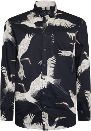Kam Jeans 6059 LS Bird Print Shirt Navy - Hemden - Overhemden Grote Maten Heren