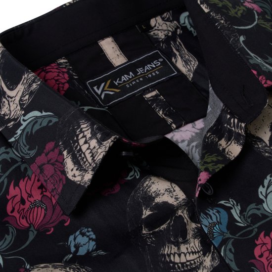 Kam Jean 6074 Overhemd Met Korte Mouwen En Doodskopprint Zwart - Hemden - Overhemden Grote Maten Heren