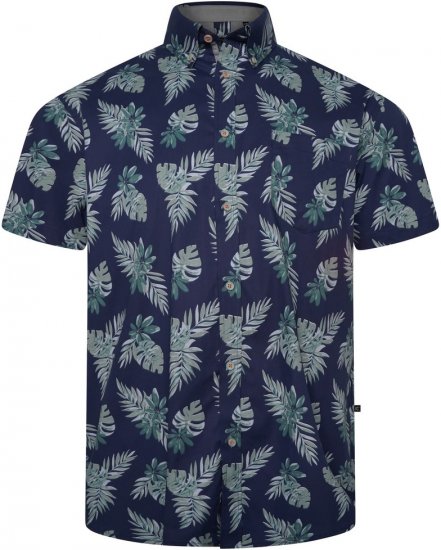 Kam Jeans 6331 AOP Leaf Print Short Sleeve Shirt Navy - Hemden - Overhemden Grote Maten Heren