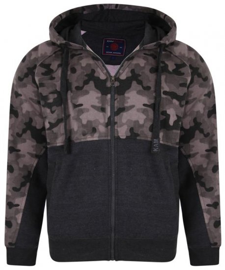Kam Jeans 7036 Camo Print Full Zipper Hoodie Charcoal - Sweaters & hoodies - Sweaters & Hoodies Grote Maten Heren