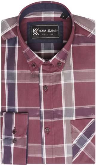 Kam Jeans P038 LS Premium Cotton Check Shirt Wine - Hemden - Overhemden Grote Maten Heren