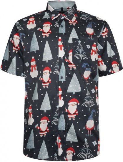 Kam Jeans X033 Santa Xmas Print Short Sleeve Shirt Navy - Hemden - Overhemden Grote Maten Heren