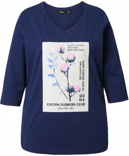 Ulla Popken Decorative Plant 3/4 Sleeve T-Shirt Ink Blue - Bedrukte T-shirts voor dames - 