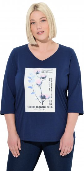 Ulla Popken Decorative Plant 3/4 Sleeve T-Shirt Ink Blue - Bedrukte T-shirts voor dames - 