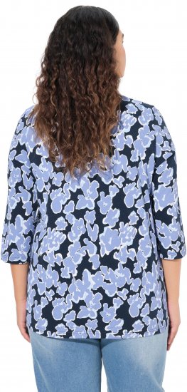 Ulla Popken Floral Print 3/4 Sleeve V-Neck Tee Navy Blue - Bedrukte T-shirts voor dames - 