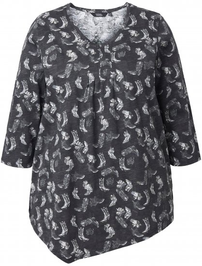 Ulla Popken Asymmetric Cowboy Boot Print Tee Black - Bedrukte T-shirts voor dames - 
