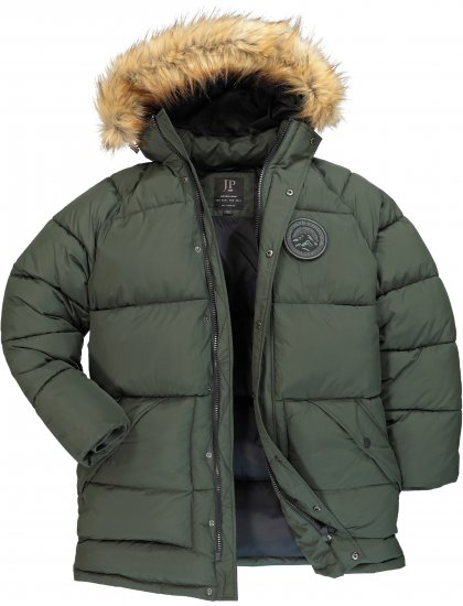 JP1880 Quilted Parka Lightweight and Warm with Faux Fur Hood Dark Green - Jassen - Grote Maten Herenjassen