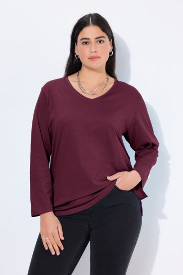 Ulla Popken Back To Basics V-Neck Relaxed Fit Cotton Tee Dark Berry - T-shirts - Dames-T-shirts in grote maten