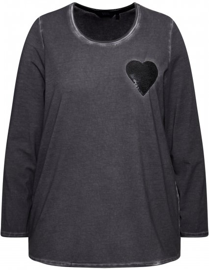 Ulla Popken Cold Dyed Sequined Heart Long Sleeve Tee Asphalt - Bedrukte T-shirts voor dames - 