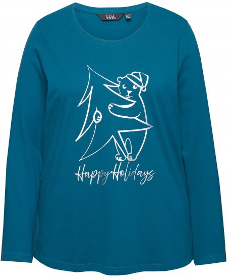 Ulla Popken Metallic Graphic Holiday Tee Teal - Bedrukte T-shirts voor dames - 