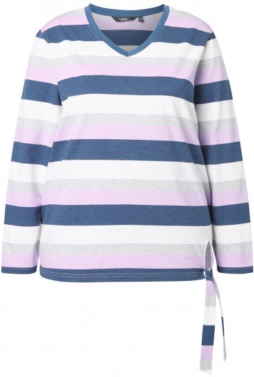 Ulla Popken Striped Knotted Hem Long Sleeve Tee Lavender - Bedrukte T-shirts voor dames - 