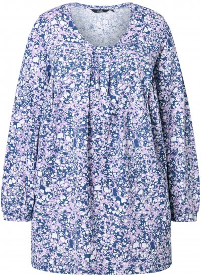 Ulla Popken Allover Printed Pleated Long Sleeve Tee Dark Blue - Bedrukte T-shirts voor dames - 