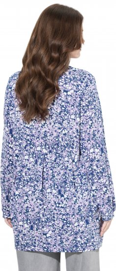Ulla Popken Allover Printed Pleated Long Sleeve Tee Dark Blue - Bedrukte T-shirts voor dames - 