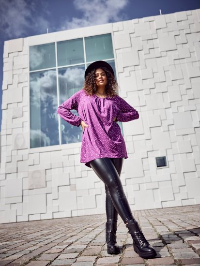 Ulla Popken Pleated Confetti Print Long Sleeve Tee Light Plum - Bedrukte T-shirts voor dames - 