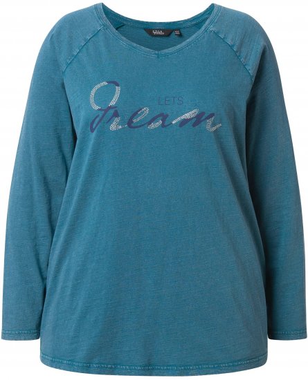 Ulla Popken Dream Rhinestone Lettering Long Sleeve Tee Teal - Bedrukte T-shirts voor dames - 