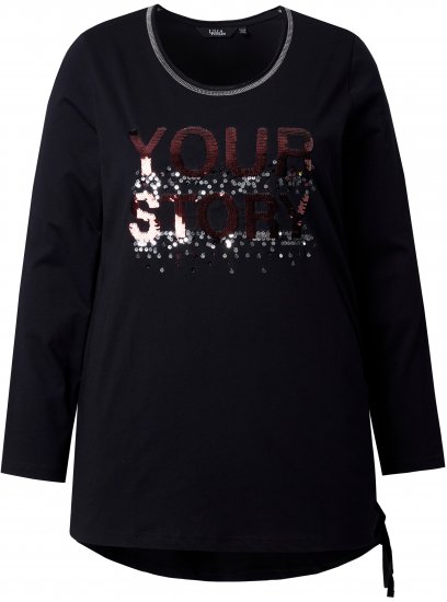 Ulla Popken Your Story Sequined Long Sleeve Tunic Tee Black - Bedrukte T-shirts voor dames - 