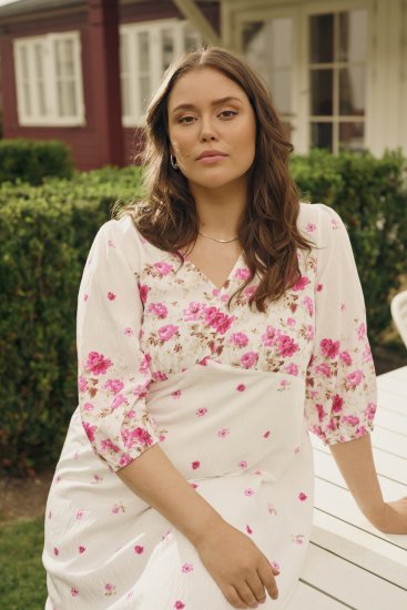 Kaffe Curve Rosa Midi Dress White Rose Border Flower - Kleedjes - 