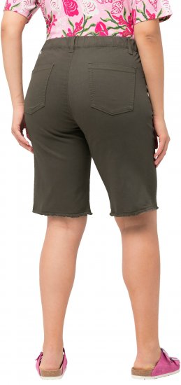 Ulla Popken Frayed Hemline Elastic Waistband Bermuda Shorts Loden Green - Jeans & Broeken in Grote Maten – Plus Size - 
