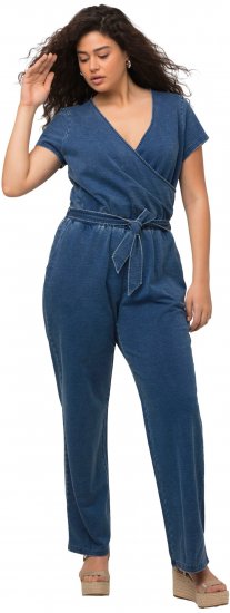 Ulla Popken Wrap Look Short Sleeve Denim Jumpsuit Blue - Jeans & Broeken in Grote Maten – Plus Size - 