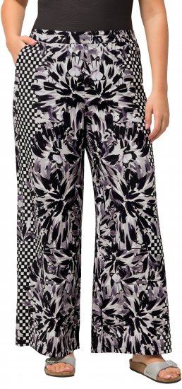 Ulla Popken Checkered Floral Elastic Waist Palazzo Paints Black - Jeans & Broeken in Grote Maten – Plus Size - 