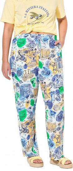 Ulla Popken Italy Print Elastic Waist Pants White - Jeans & Broeken in Grote Maten – Plus Size - 