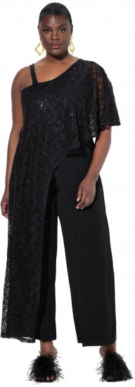 Ulla Popken Asymmetric Lace Panel Jumpsuit Black - Jeans & Broeken in Grote Maten – Plus Size - 