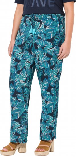 Ulla Popken Tropical Leaf Print Elastic Waist Pants Blue - Jeans & Broeken in Grote Maten – Plus Size - 