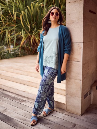 Ulla Popken Patchwork Paisley Elastic Waist Pants Blue - Jeans & Broeken in Grote Maten – Plus Size - 